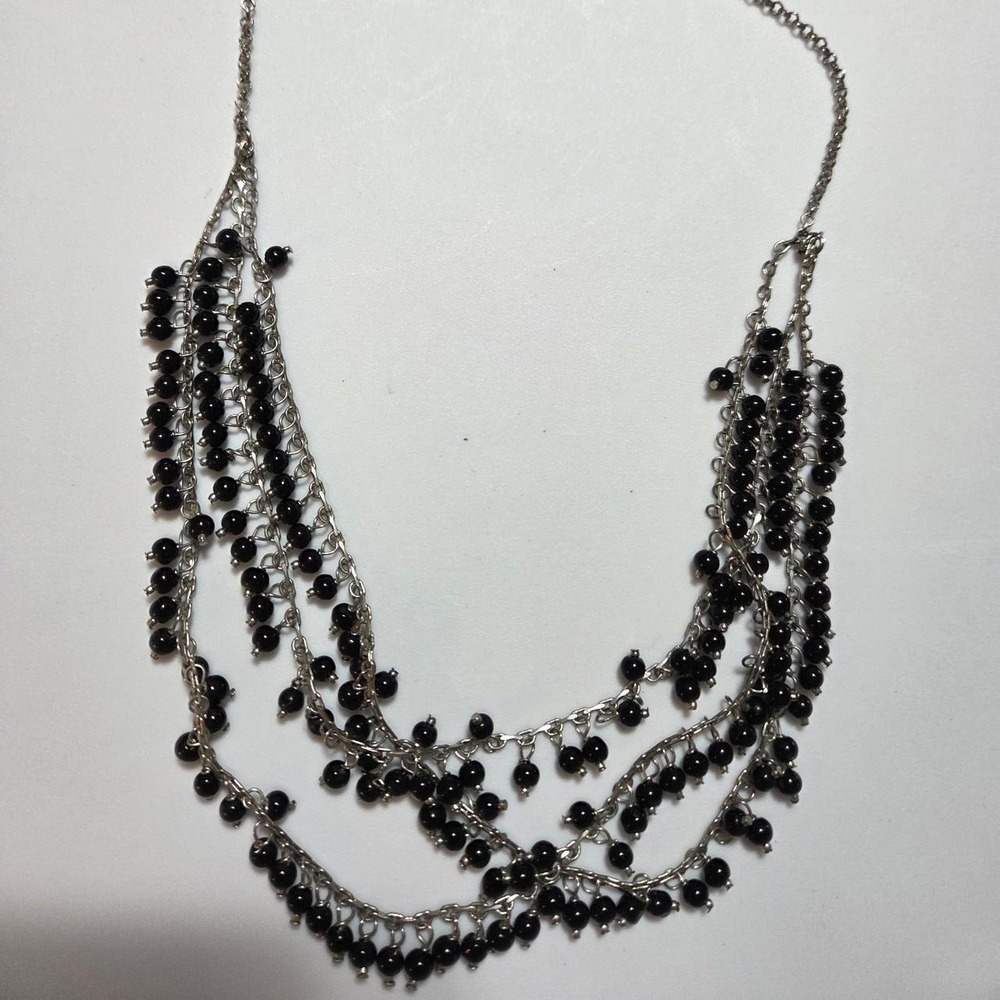 Black Beaded Multi Strand Layered Necklace Silver Tone 19.5" Statement Jewelry
